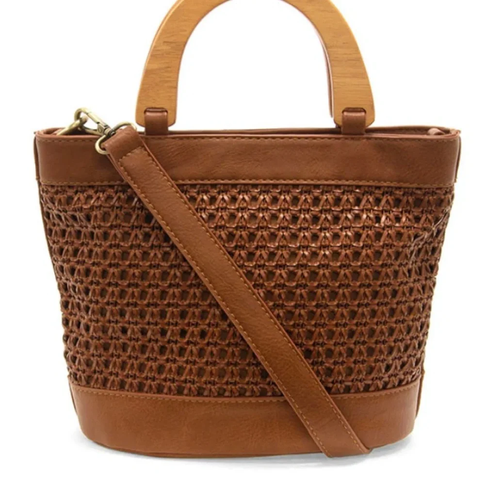 Joy Susan - Havanna Brown (cognac) Woven Handbag with Wooden Handles